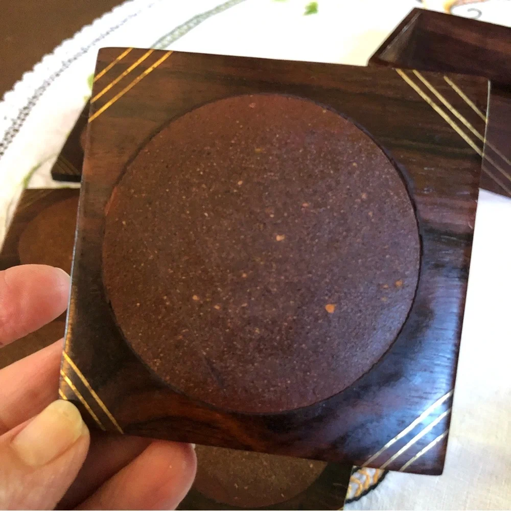Vintage Rosewood Box with Set of Six Coasters. Brass Inlay and Floral Carving